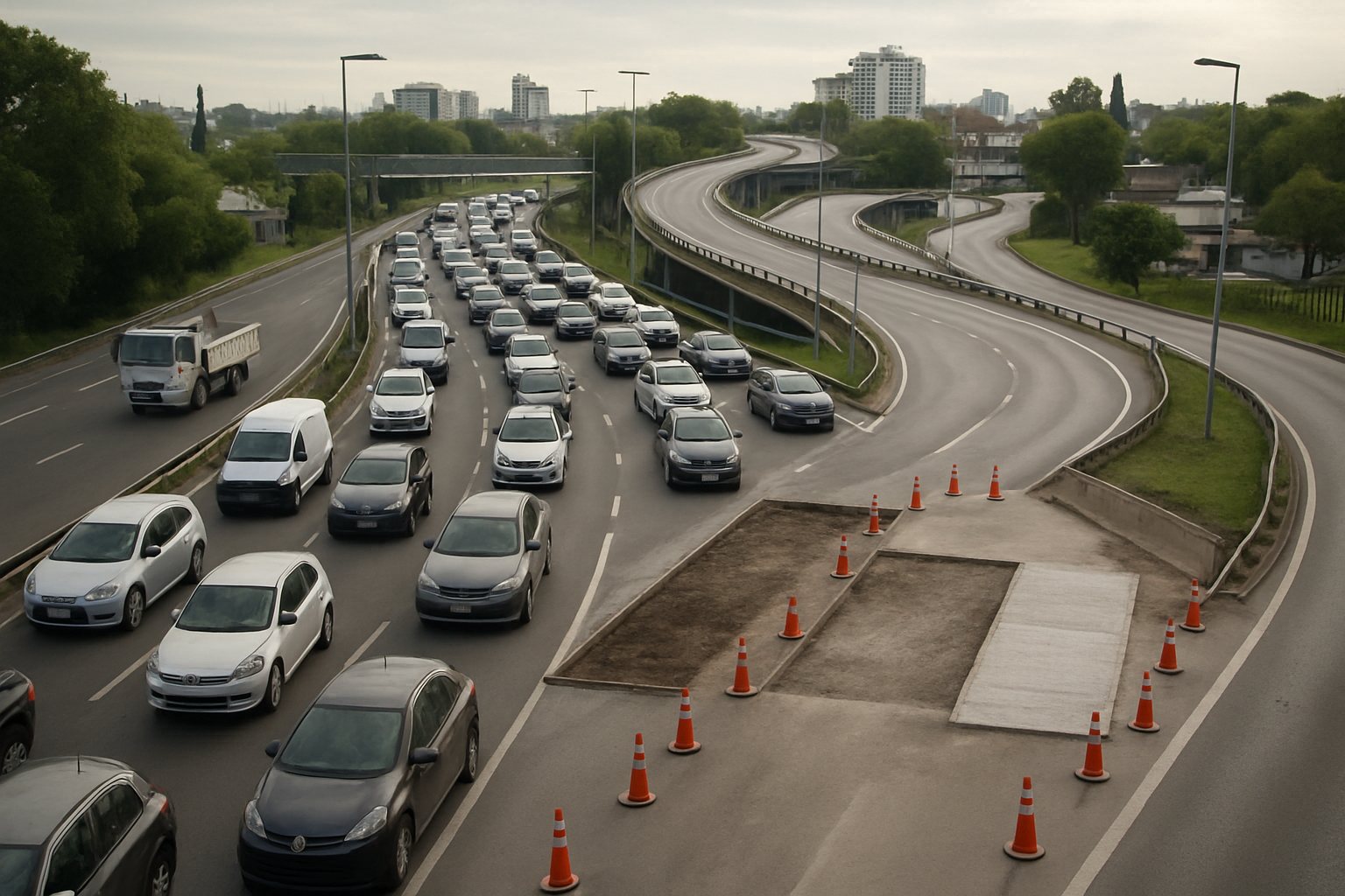 Tránsito congestionado junto a un sector de calzada en reparación en un acceso urbano a Buenos Aires